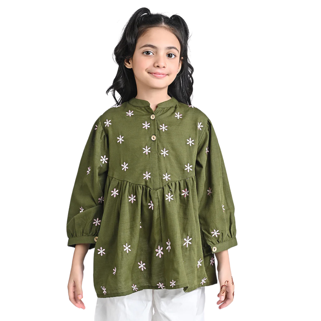 Girls’ Cotton Slub Top with Embroidery – Green