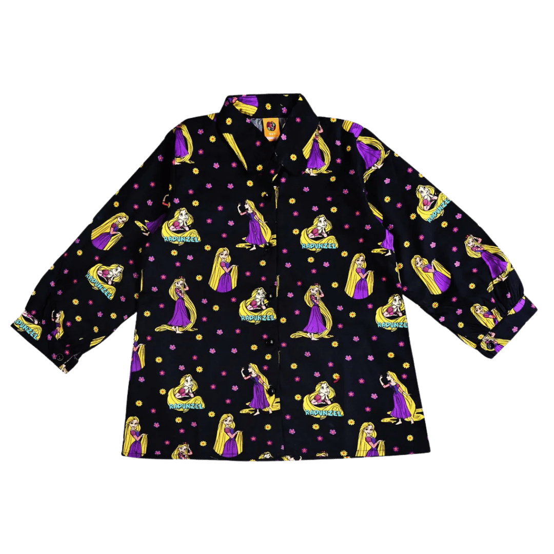 Girls Cotton Poplin Top - Black Doll Design: Featuring playful doll illustrations on a classic black top.