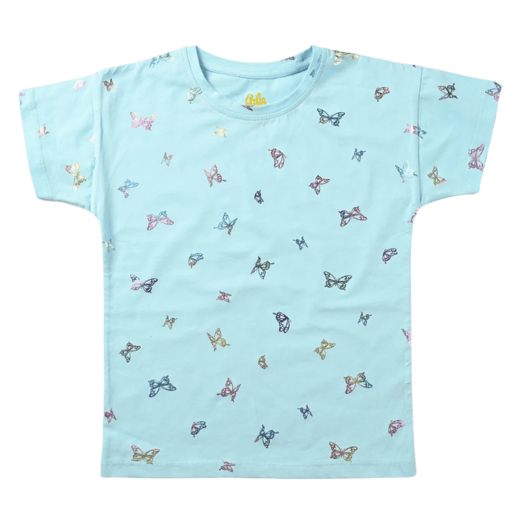 Girls Turquoise Cotton Jersey Tee with Butterfly Print: Soft cotton t-shirt in turquoise featuring a butterfly design.